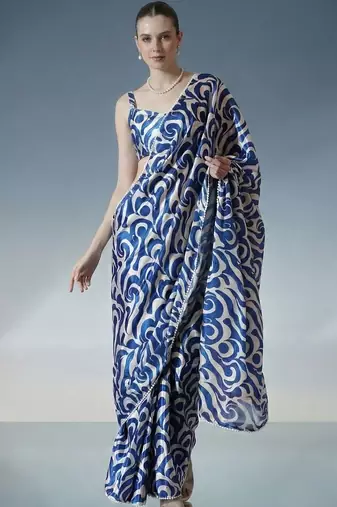 blue ready to wear satin designer block print saree