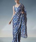 blue ready to wear satin designer block print saree
