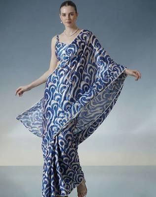 blue ready to wear satin designer block print saree 2
