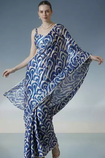 blue ready to wear satin designer block print saree