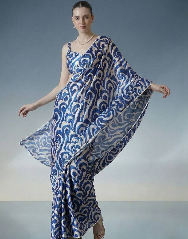 blue ready to wear satin designer block print saree