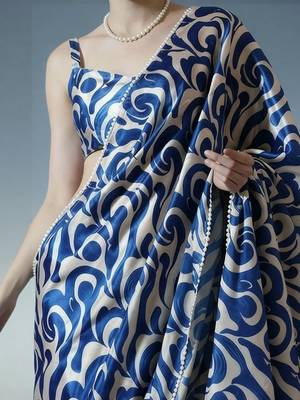 blue ready to wear satin designer block print saree 3