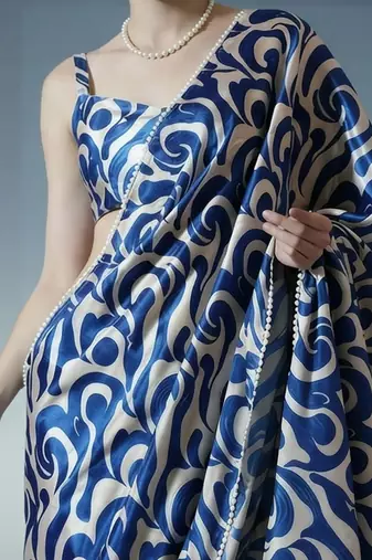 blue ready to wear satin designer block print saree