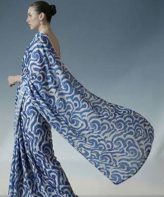 blue ready to wear satin designer block print saree 4
