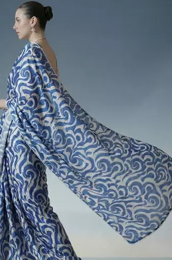 blue ready to wear satin designer block print saree