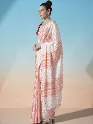 Off white ready to wear polka dot satin block print saree 1