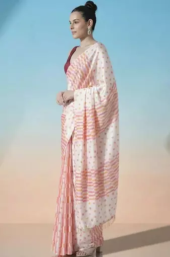 Off white ready to wear polka dot satin block print saree