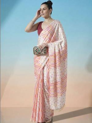 Off white ready to wear polka dot satin block print saree 2