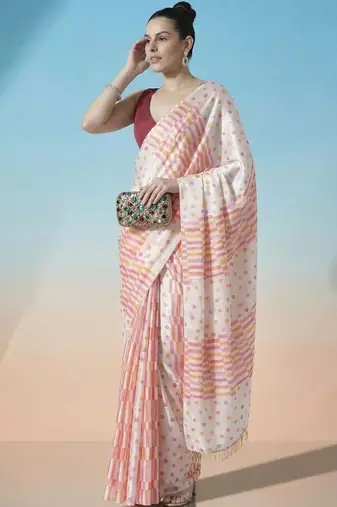 Off white ready to wear polka dot satin block print saree