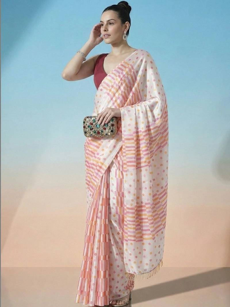 Off white ready to wear polka dot satin block print saree