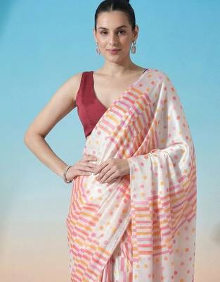 Off white ready to wear polka dot satin block print saree 3