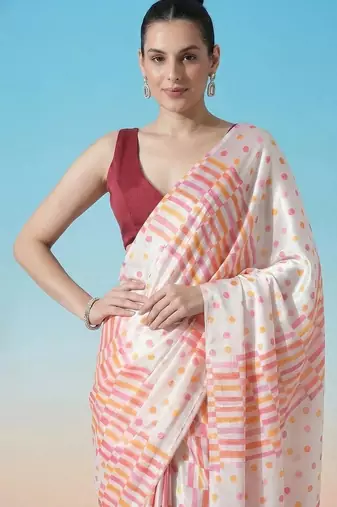 Off white ready to wear polka dot satin block print saree
