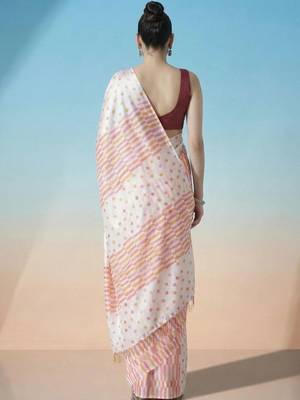 Off white ready to wear polka dot satin block print saree 4