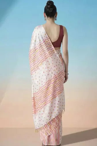 Off white ready to wear polka dot satin block print saree