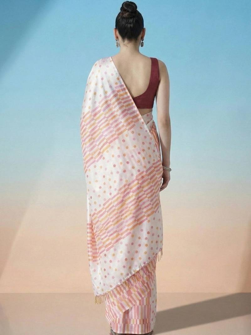 Off white ready to wear polka dot satin block print saree