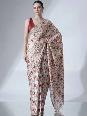 Off white ready to wear floral satin block print saree 1
