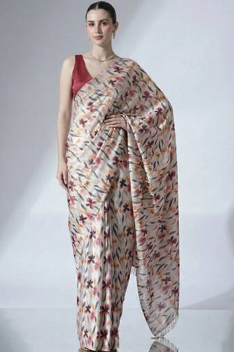 Off white ready to wear floral satin block print saree