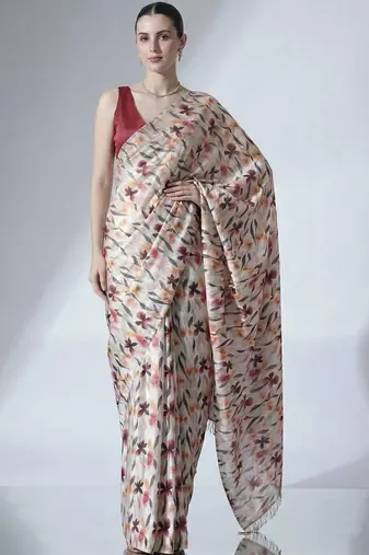 Off white ready to wear floral satin block print saree