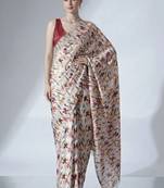 Off white ready to wear floral satin block print saree