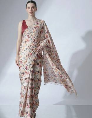 Off white ready to wear floral satin block print saree 2