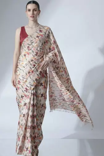 Off white ready to wear floral satin block print saree