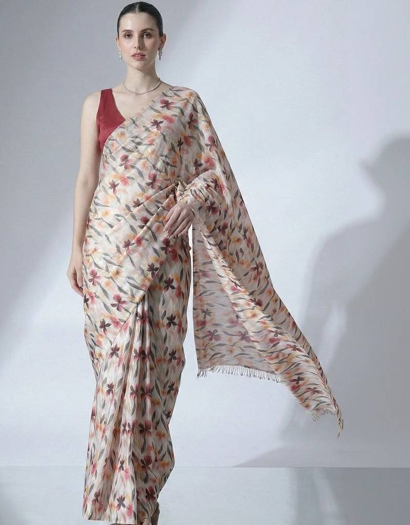 Off white ready to wear floral satin block print saree