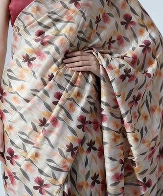 Off white ready to wear floral satin block print saree 3