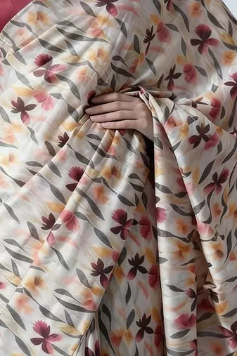 Off white ready to wear floral satin block print saree