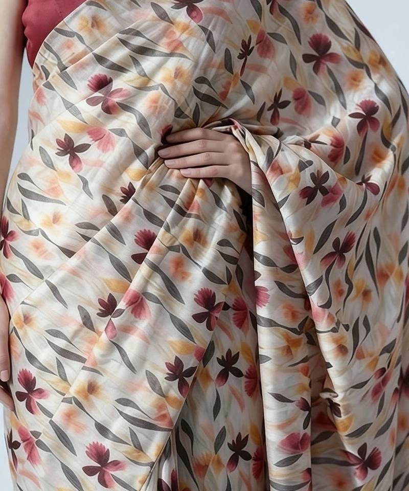 Off white ready to wear floral satin block print saree