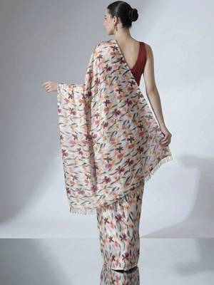 Off white ready to wear floral satin block print saree 4