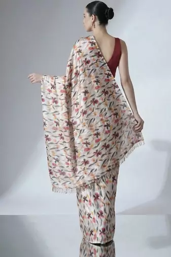 Off white ready to wear floral satin block print saree
