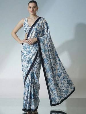 Off white ready to wear floral satin block print saree 1