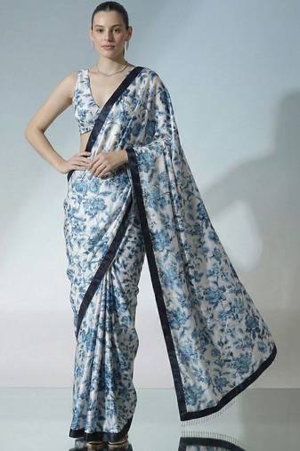 Off white ready to wear floral satin block print saree