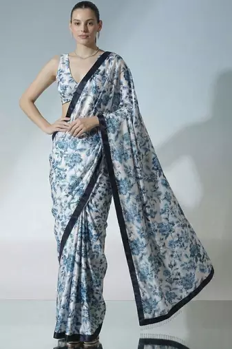 Off white ready to wear floral satin block print saree