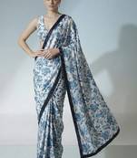 Off white ready to wear floral satin block print saree