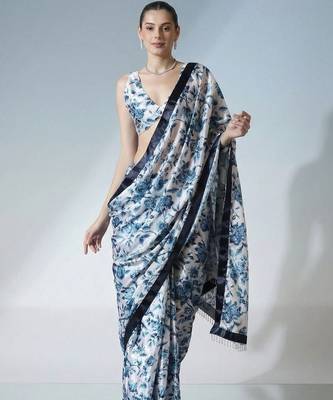 Off white ready to wear floral satin block print saree 2