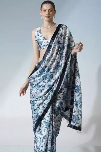 Off white ready to wear floral satin block print saree