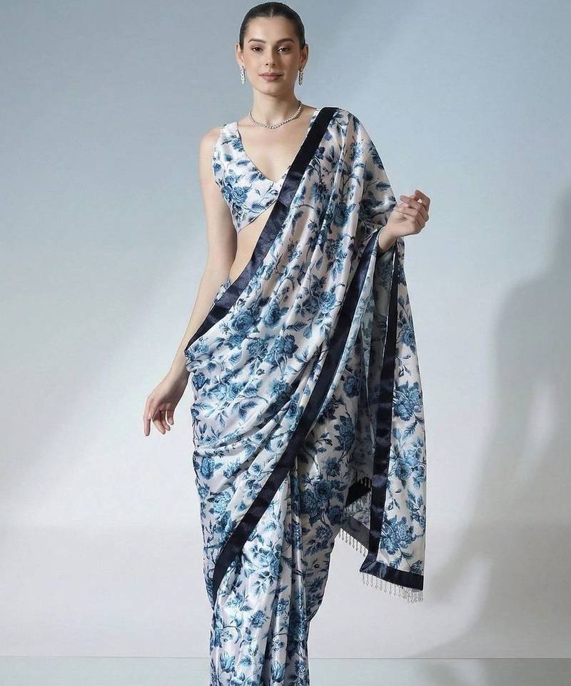 Off white ready to wear floral satin block print saree