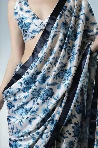 Off white ready to wear floral satin block print saree