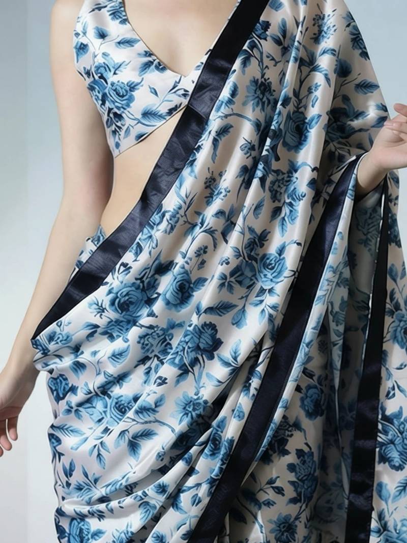 Off white ready to wear floral satin block print saree