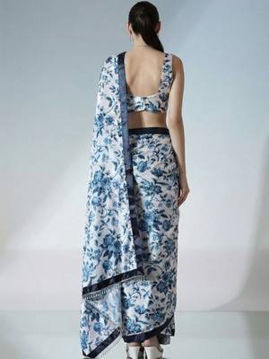 Off white ready to wear floral satin block print saree 4