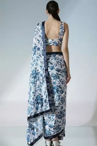 Off white ready to wear floral satin block print saree
