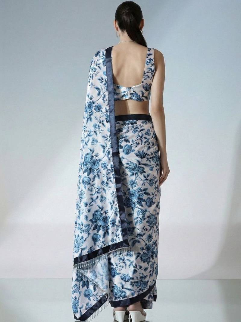 Off white ready to wear floral satin block print saree