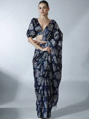 Navy blue ethnic motifs satin designer block print saree 1