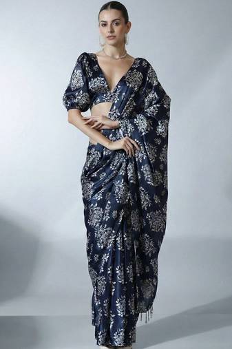 Navy blue ethnic motifs satin designer block print saree