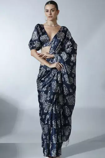 Navy blue ethnic motifs satin designer block print saree