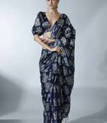 Navy blue ethnic motifs satin designer block print saree