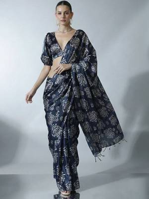 Navy blue ethnic motifs satin designer block print saree 2