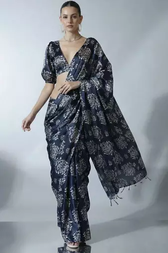 Navy blue ethnic motifs satin designer block print saree