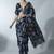 Navy blue ethnic motifs satin designer block print saree